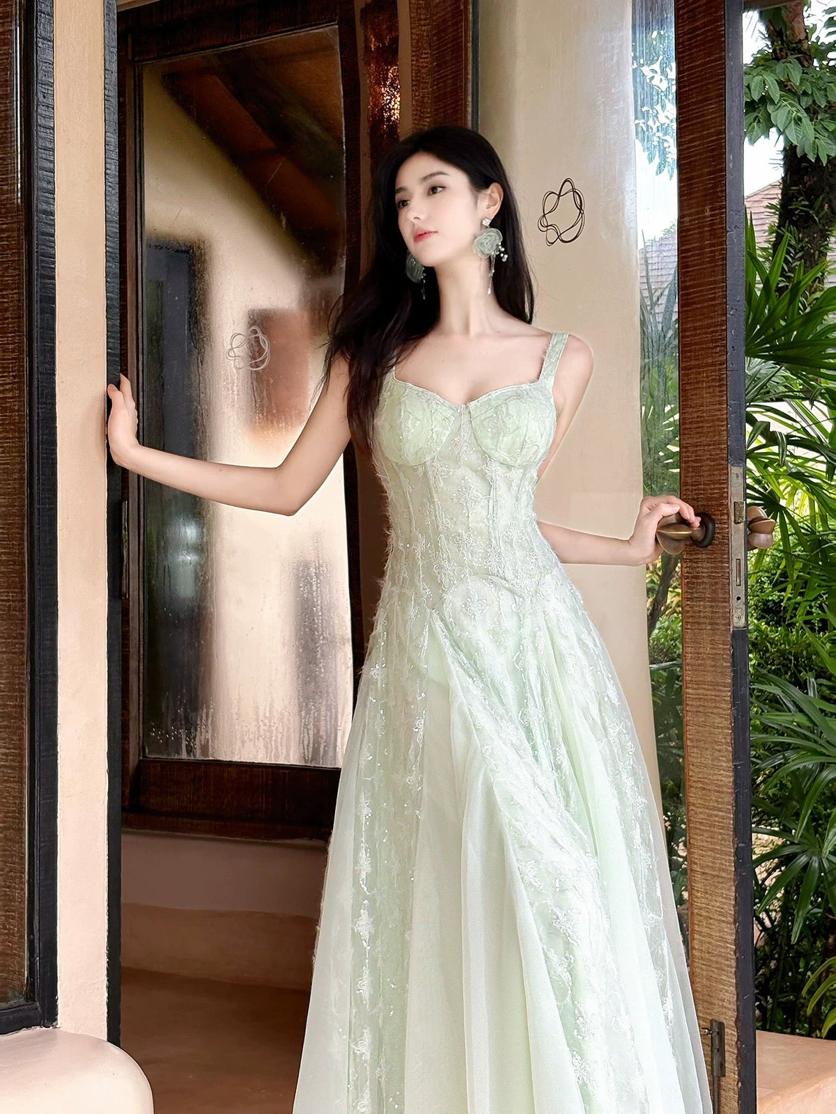 Beautiful A Line Spaghetti Strap Sage Green Lace Long For Women Girls Teens Prom Dresses N2200