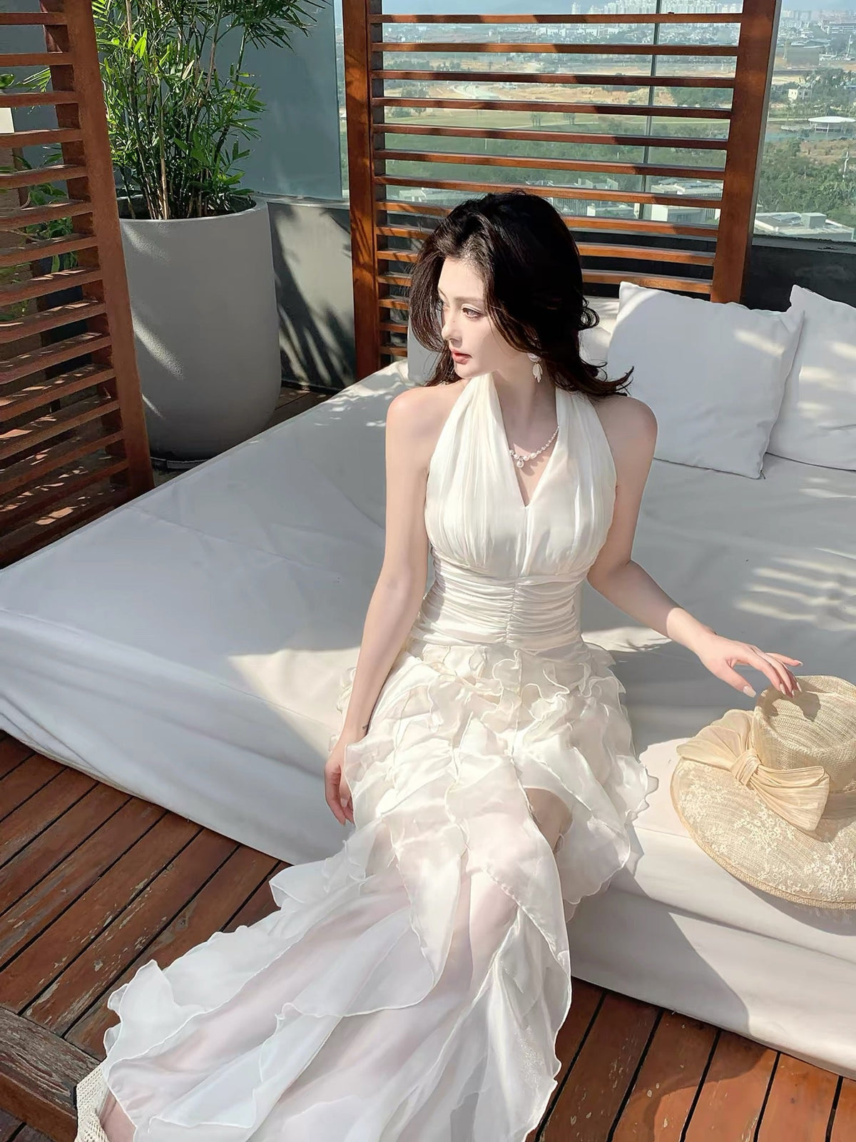 Beautiful A Line Halter White Ruffles Long For Women Girls Teens Prom Dresses N2202