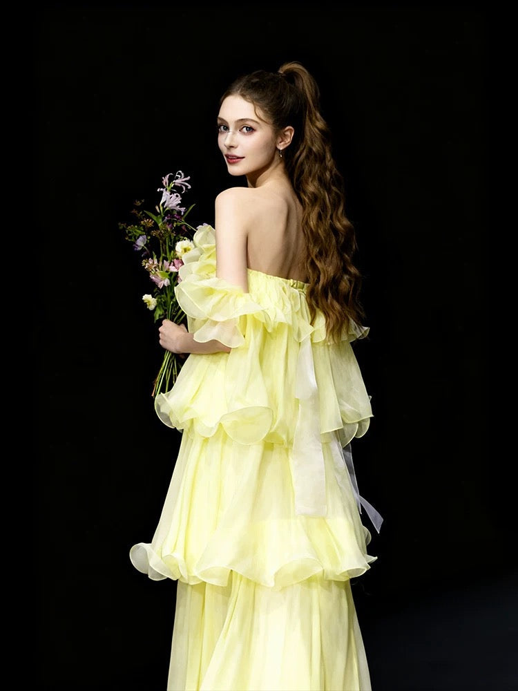 Vintage A Line Off The Shoulder Yellow Chiffon With Ruffles For High Schools Teens Prom Dresses Graduation Dress N1677
