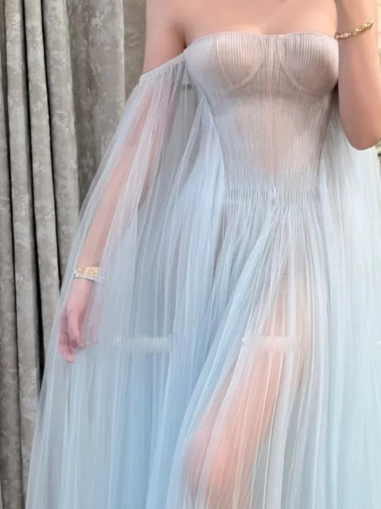 Sexy Prom Dresses A Line Off The Shoulder Light Sky Blue Tulle With Pleated Long Formal Dress N3161