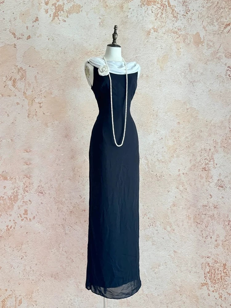 Simple Prom Dresses A Line Black White Chiffon With Flower Long Formal Dress N3174