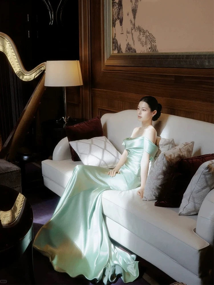 Charming Prom Dresses Mermaid Off The Shoulder Mint Green Satin Long Formal Evening Dress N3915