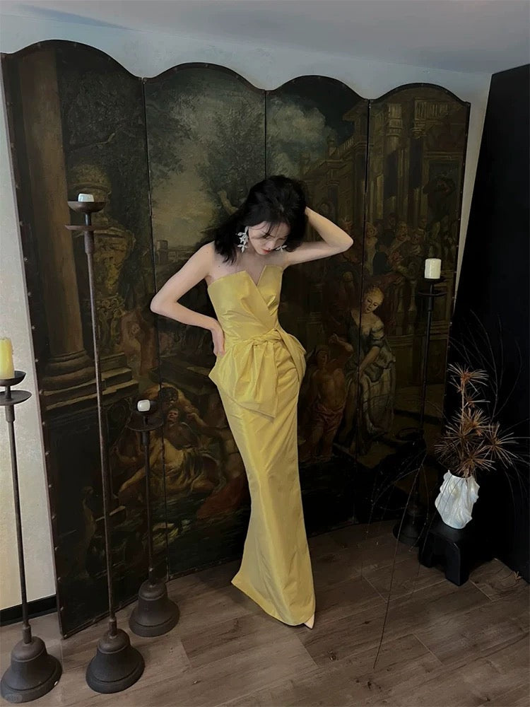 Sexy Prom Dresses Mermaid Sweetheart Gold Satin Sleeveless Long Formal Evening Dress N3952