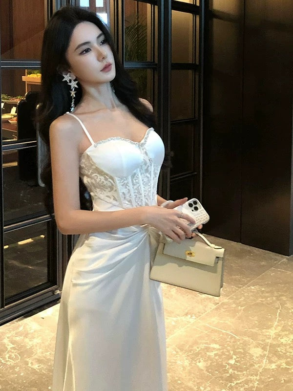 Elegant Prom Dresses Mermaid Spaghetti Strap White Lace Long Formal Evening Dress N3964