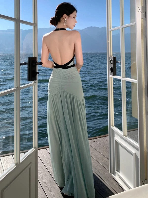Pretty Prom Dresses Mermaid Halter Blue Chiffon Gown Formal Semi Long Formal Evening Dress N3988