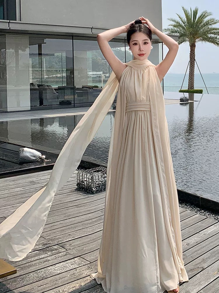 Simple Prom Dresses A line Halter Champagne Chiffon With Ribbon Evening Gown Formal Long Formal Dress N3994