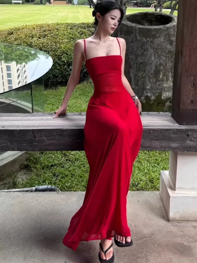 Simple Prom Dresses A Line Red Spaghetti Strap Chiffon Evening Gown Formal With Pleated Formal Dress N4005
