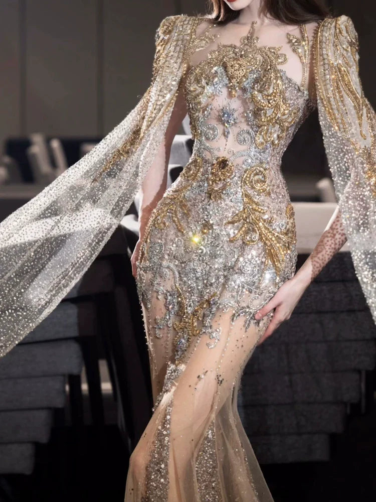 Modest Mermaid Strapless Gold Long Sleeves Slit Sequins Prom Dresses Inspiration Long Party Evening Dress 21st Birthday Outfits AB2287