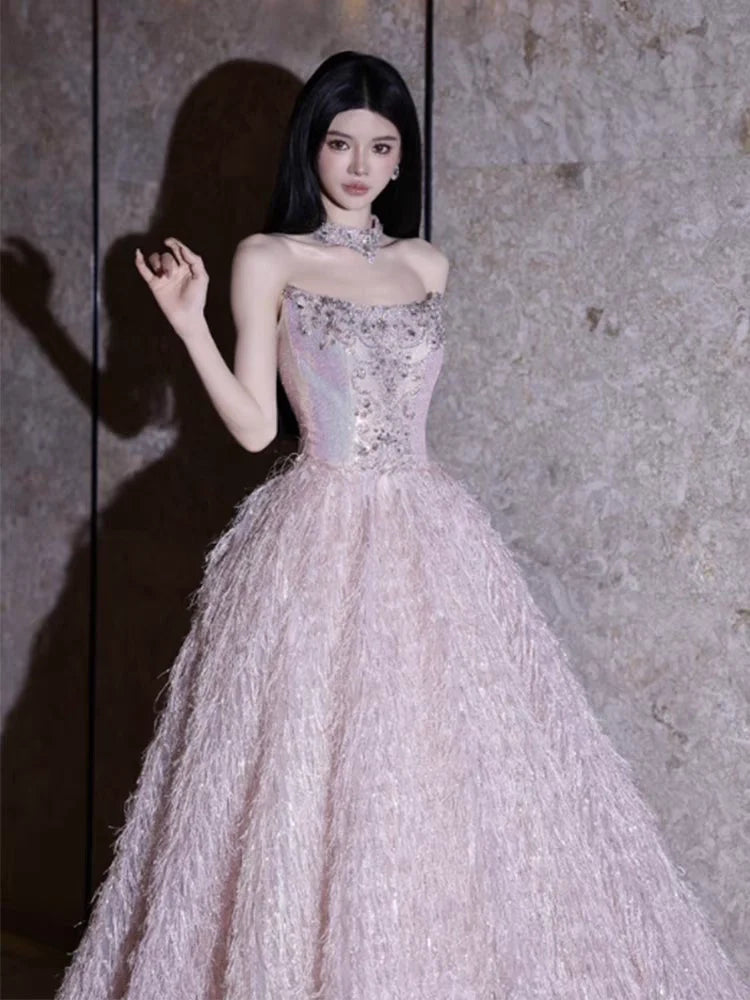 Princess Ball Gown Strapless Pink With Beads Prom Dresses Inspiration Long Party Night Gowns 18th Birthday Outfits AB2233