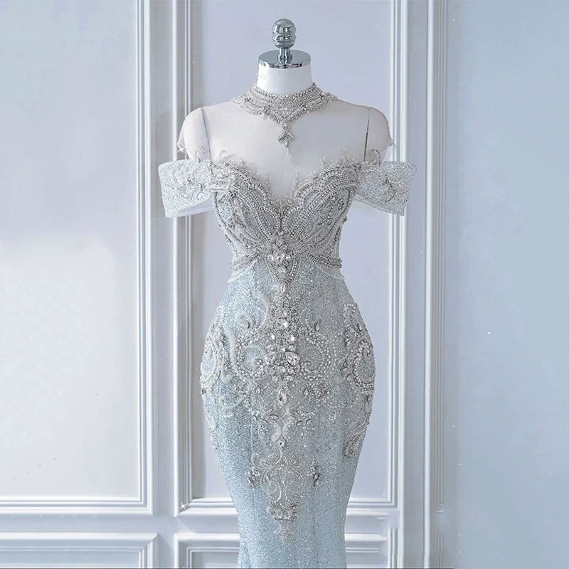 Sparkly Mermaid Evening Dress Off The Shoulder Sequins Prom Dress Long Party Dress 21st Birthday Outfits AB2321