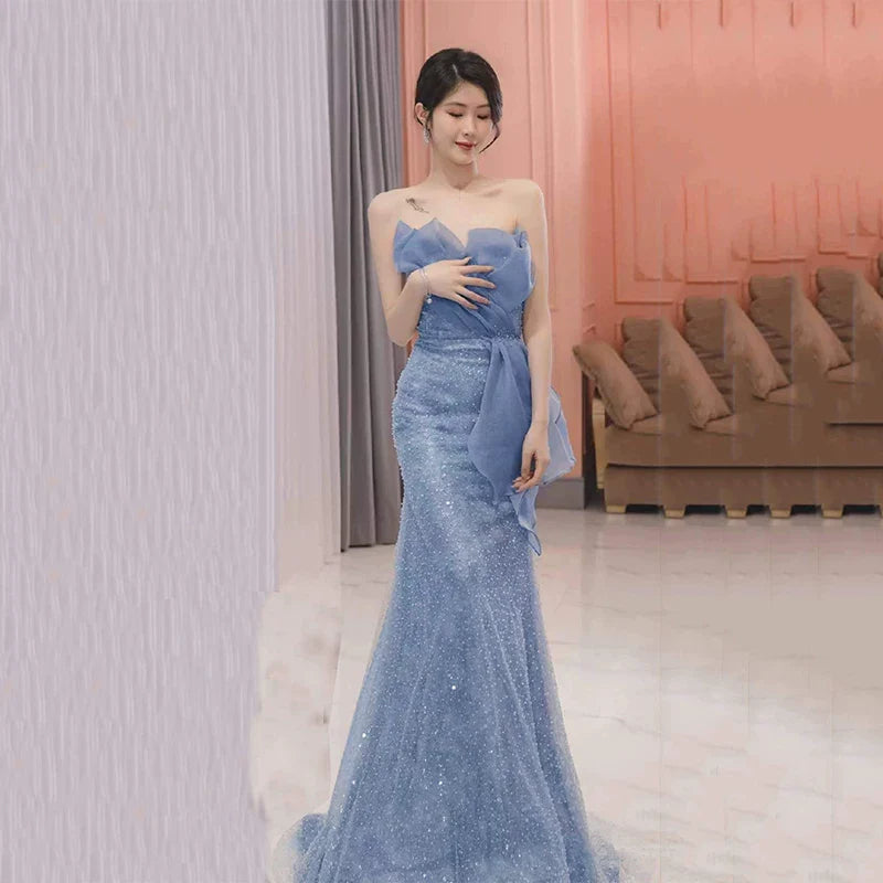 Modest Mermaid Strapless Dusty Blue Sequins Prom Dresses Inspiration Long Party Night Evening Dress 20th Birthday Outfits AB2330
