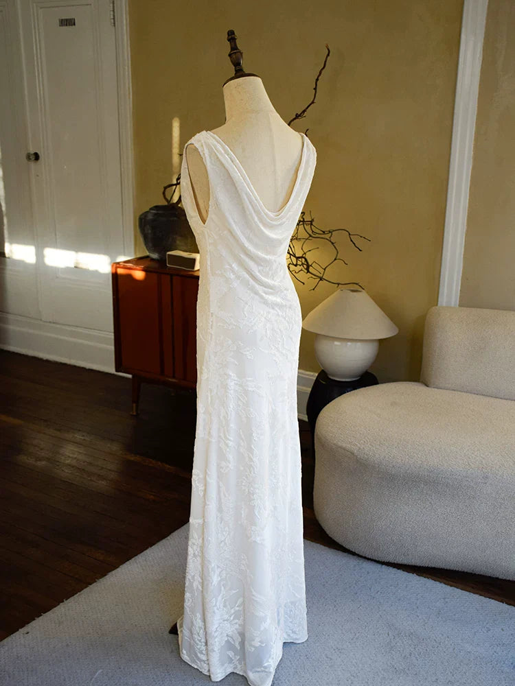 Vintage 1950s A Line Cowl Neck White Floral Lace Prom Dresses Inspiration Long Party Evening Dress 18th Birthday Outfits AB2368