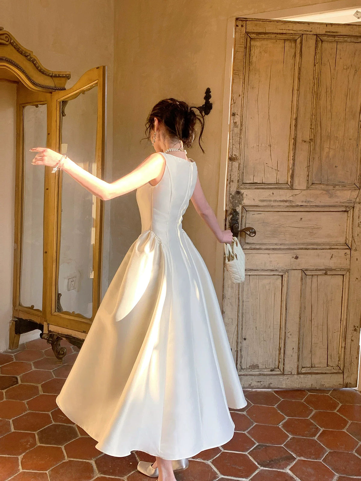 Modest A Line Square Neck Satin Prom Dresses Wedding Guest Dress 20th Birthday Outfits AB2453