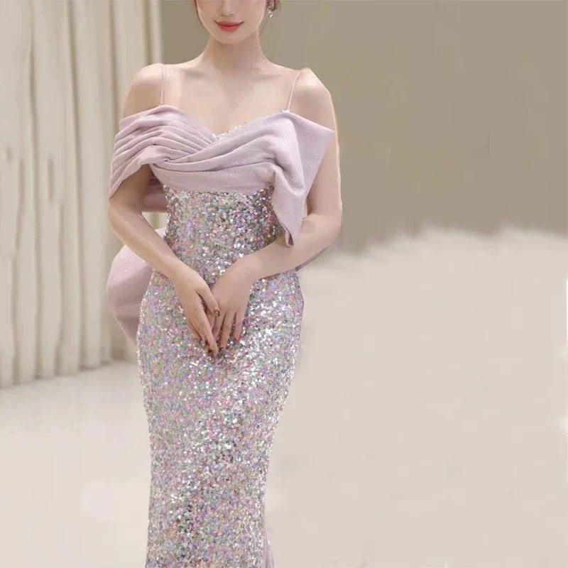 Modest Mermaid Spaghetti Straps Lilac Sequins Prom Dresses Inspiration Long Party Night Evening Dress 19th Birthday Outfits AB2320