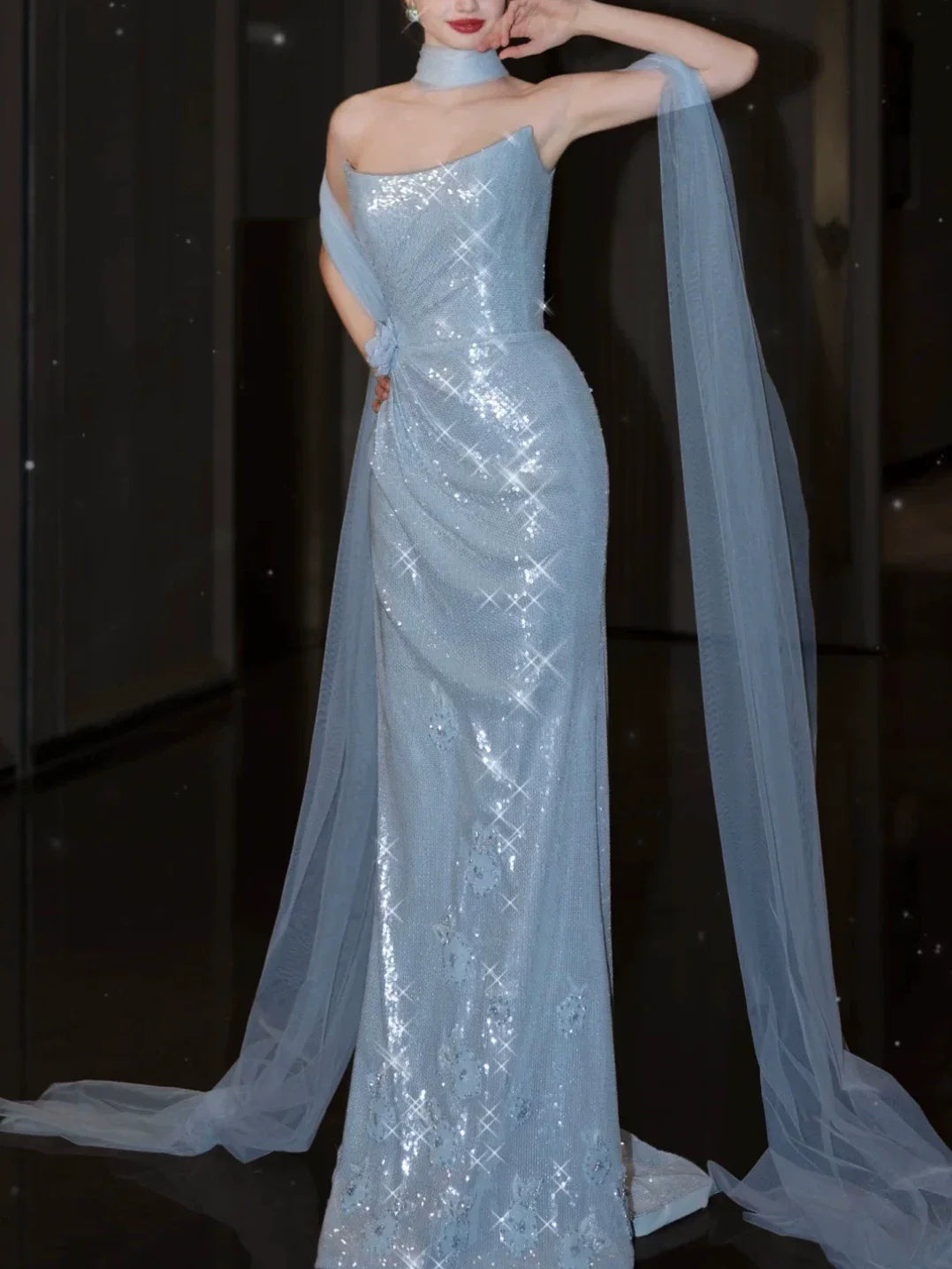 Modest Mermaid Strapless Sequins Blue With Scarf Prom Dresses Inspiration Long Party Evening Dress 21st Birthday Outfits AB2290