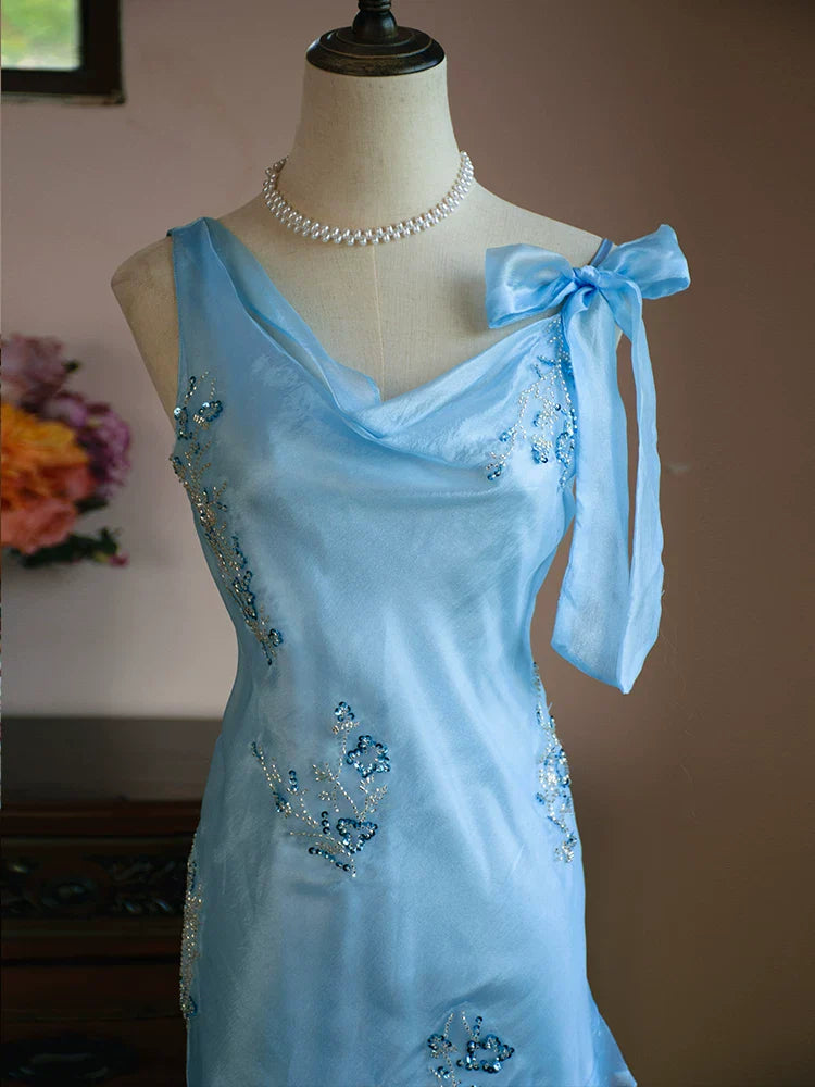 Vintage 1980s Mermaid Blue Knee Length Prom Dresses With Beads Inspiration Party Night Evening Dress 18th Birthday Outfits AB2373