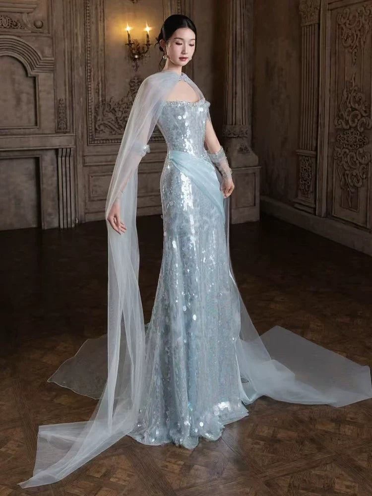 Sparkly Mermaid Strapless Light Sky Blue Sequins Prom Dresses Inspiration Long Party Night Evening Gowns 19th Birthday Outfits AB2262
