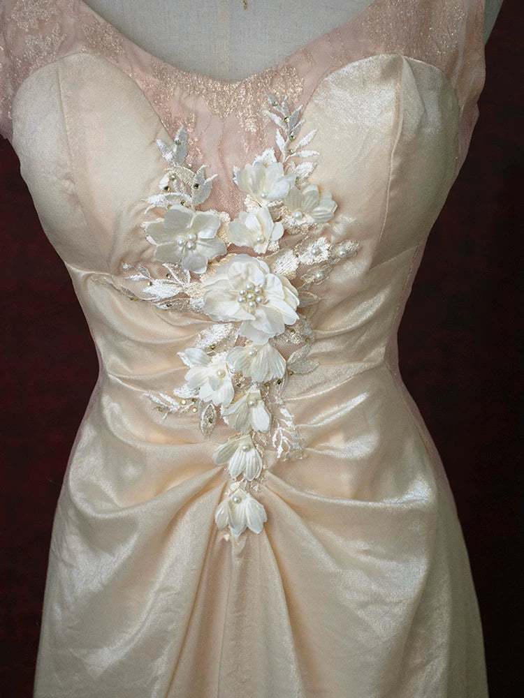 Vintage 1960s Mermaid V Neck Pink With Flowers Lace Prom Dresses Inspiration Long Party Evening Dress 18th Birthday Outfits AB2380