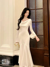 Chic Mermaid Cowl Neck White Satin Ankle Length Long Sleeves Prom Dresses Wedding Guest Dress 20th Birthday Outfits AB2478