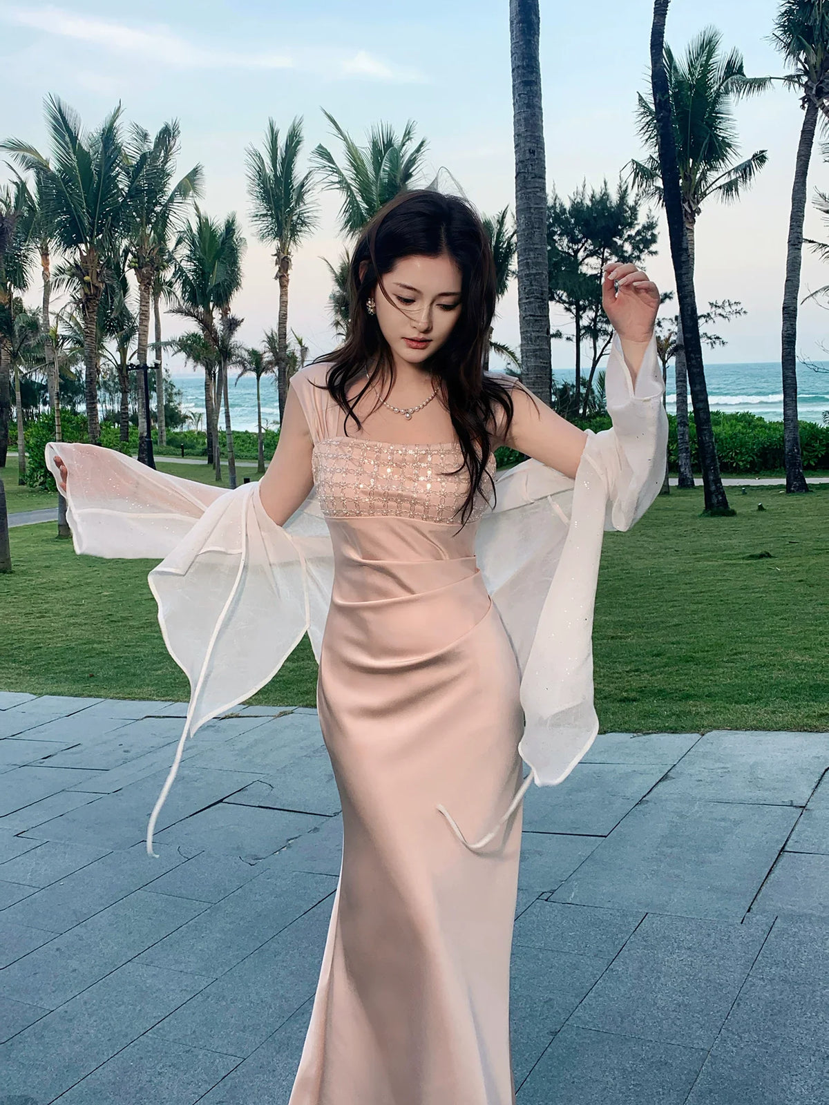 Elegant Mermaid Square Neck Satin Pink Ankle Length Prom Dresses 16th Nigh Party Birthday Outfits AB2421