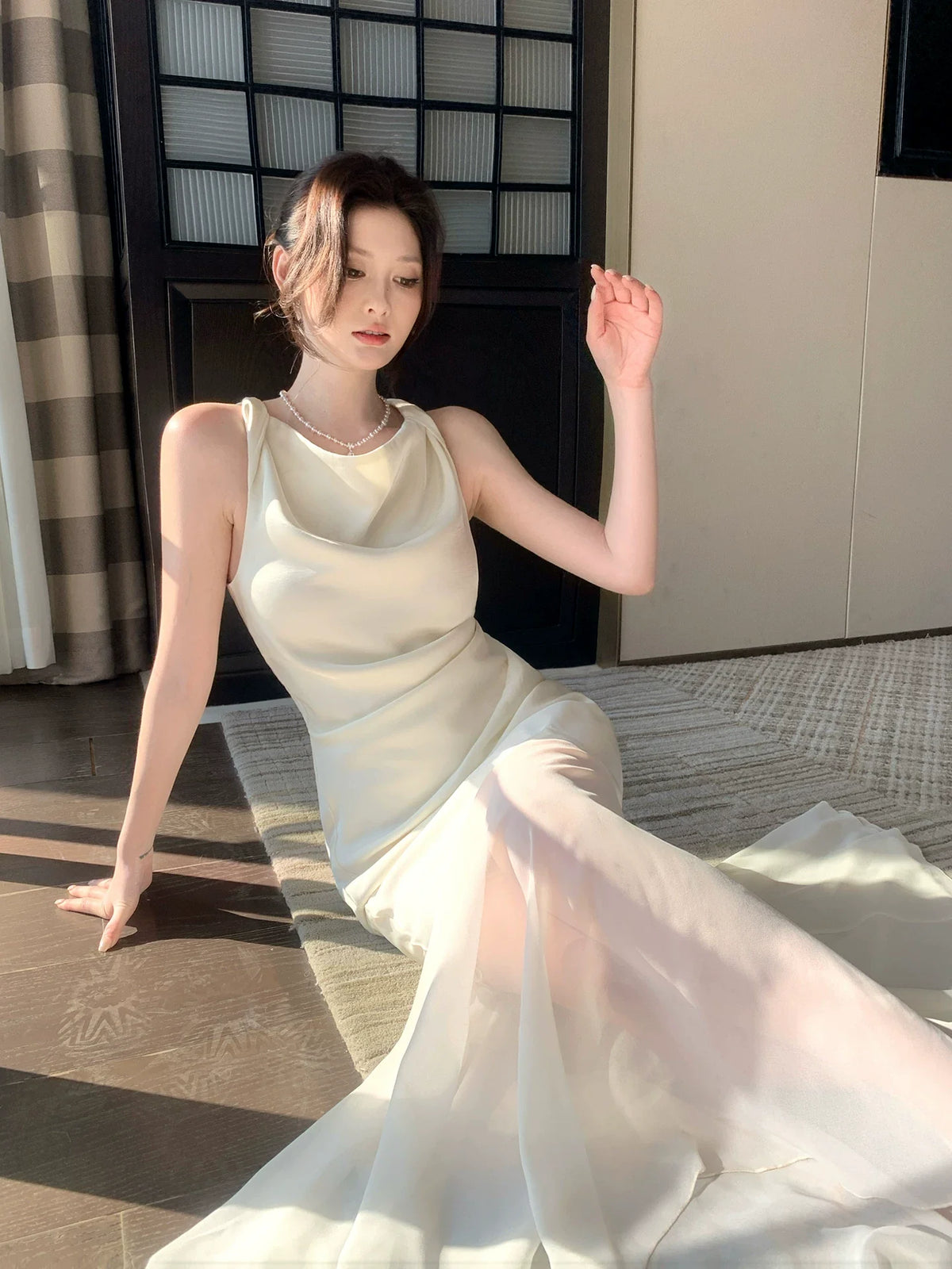Elegant Mermaid Cowl Neck Satin Ankle Length Satin Prom Dresses Long 16th Nigh Party Birthday Outfits AB2414