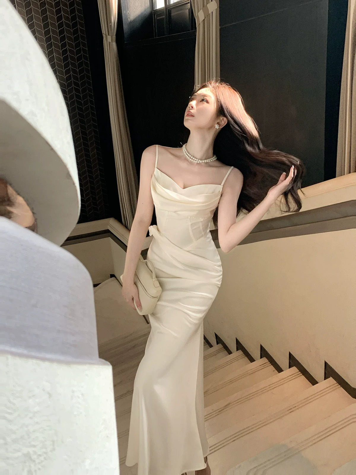 Modest Mermaid Spaghetti Straps Satin Ivory Prom Dresses Wedding Guest Gown 18th Nigh Party Birthday Outfits AB2425