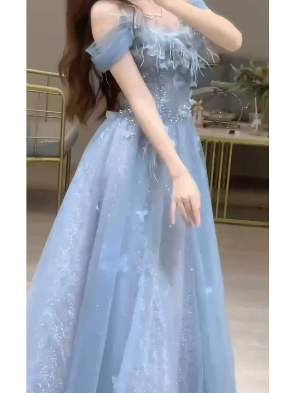 Unique A Line Off The Shoulder Blue Prom Dresses Tulle Inspiration Long Party Night Gowns 20th Birthday Outfits AB2247