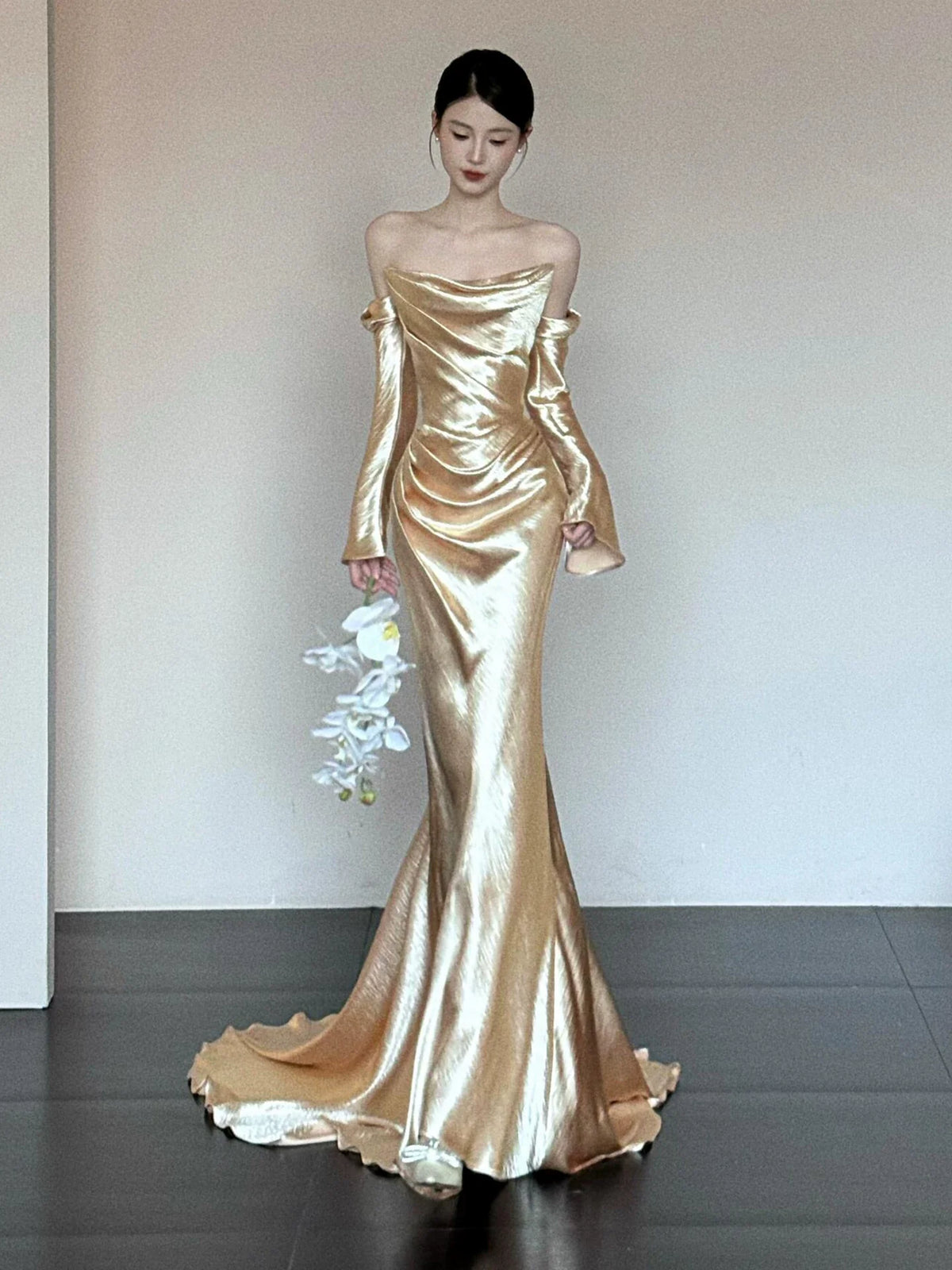 Unique Mermaid Off The Shoulder Gold Long Sleeves Prom Dresses Inspiration Party Night Gowns 20th Birthday Outfits AB2254
