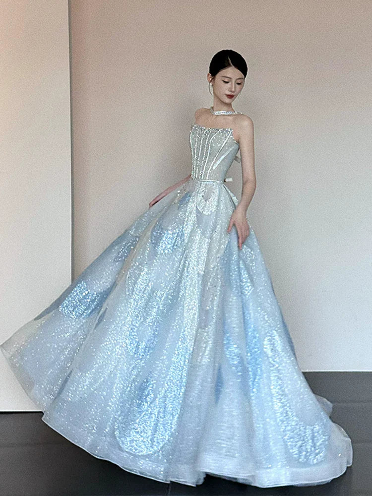 Unique Ball Gown Strapless Blue Prom Dresses Inspiration Long Party Night Gowns 20th Birthday Outfits AB2241