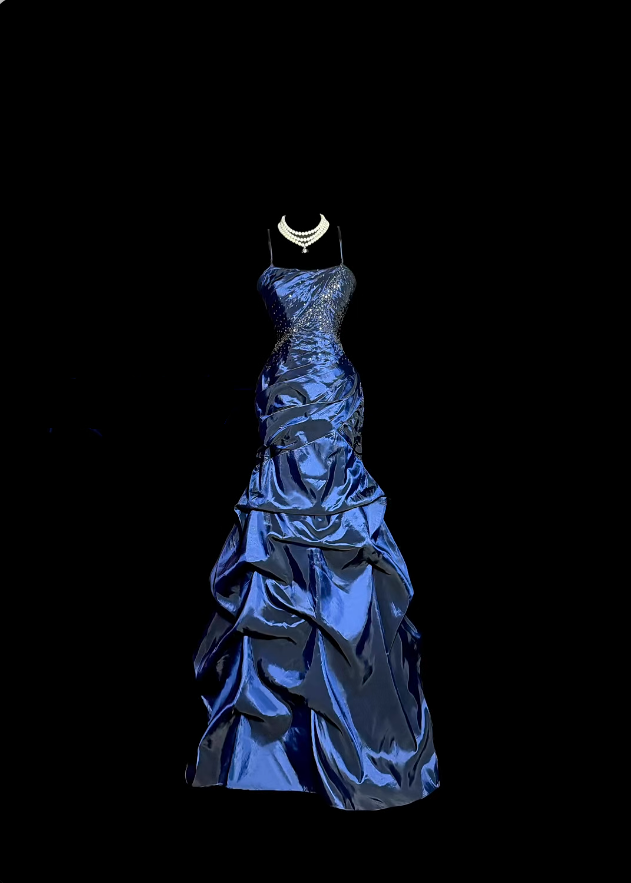 Beautiful Prom Dresses Ball Gown Navy Blue Spaghetti Strap Taffeta With Beaded Long Evening Outfits N3428