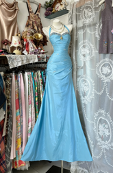 Vintage Halter Sheath Long Prom Dresses Beaded Satin Blue Evening Dresses Sleeveless Birthday Dress N1781