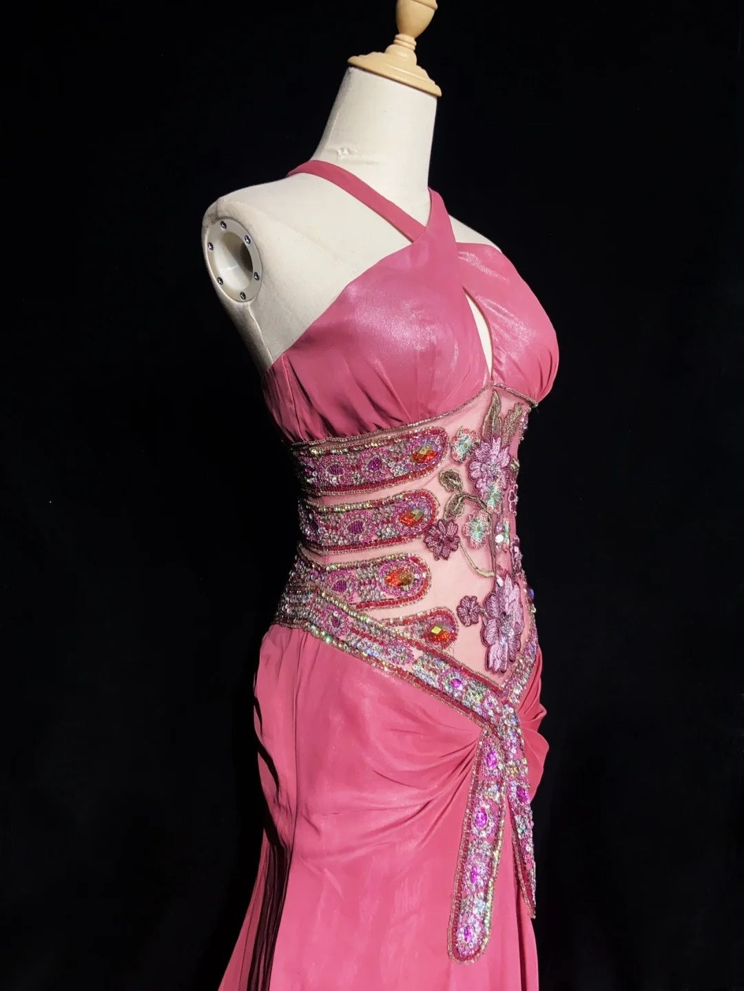Trendy Prom Dresses Inspiration Mermaid Halter Pink Chiffon Gala With Beading Formal Gowns N3207
