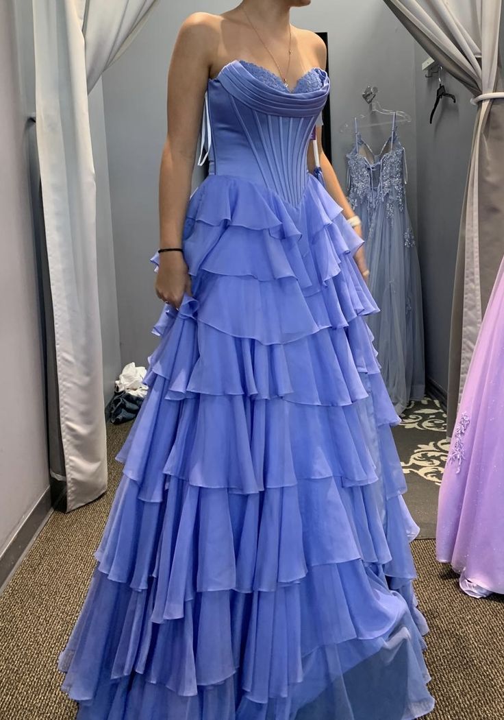 Elegant A line Sweetheart Blue Sleeveless Ruffles Chiffon Formal For Women Girls Teens Prom Dresses N2294
