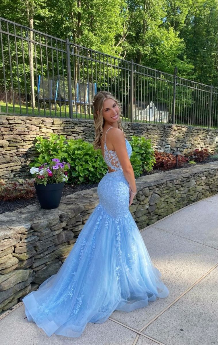 Classy Mermaid Spaghetti Straps Light Blue Tulle Inspo For Women Girls Formal Party Gowns Long Prom Dresses AB1804