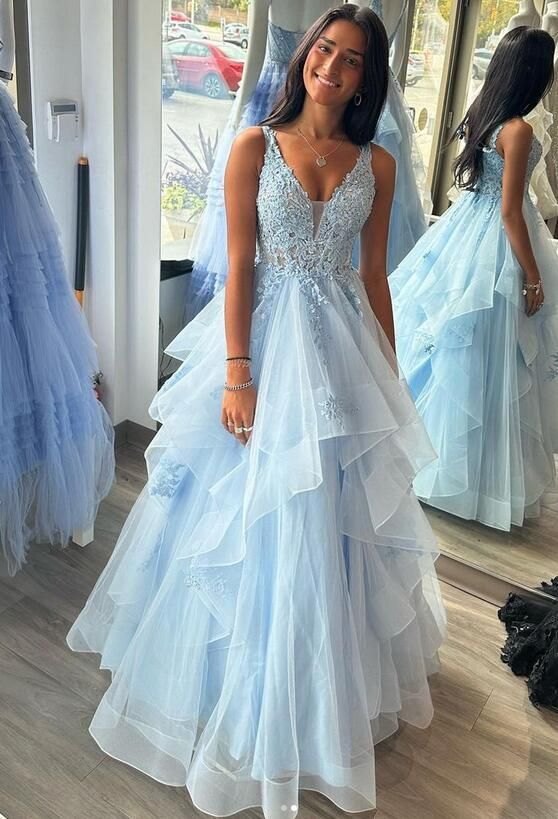 Chic Ball Gown Prom Dress Women V Neck Light Sky Blue Tulle Long Formal Dance Evening Party Gowns AB1797