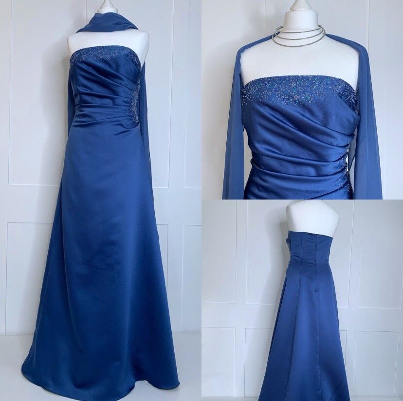 Modest A line Strapless Royal Blue Satin With Scarf Sleeveless Long Formal Dress Gown 18th Birthday Prom Dresses N2416
