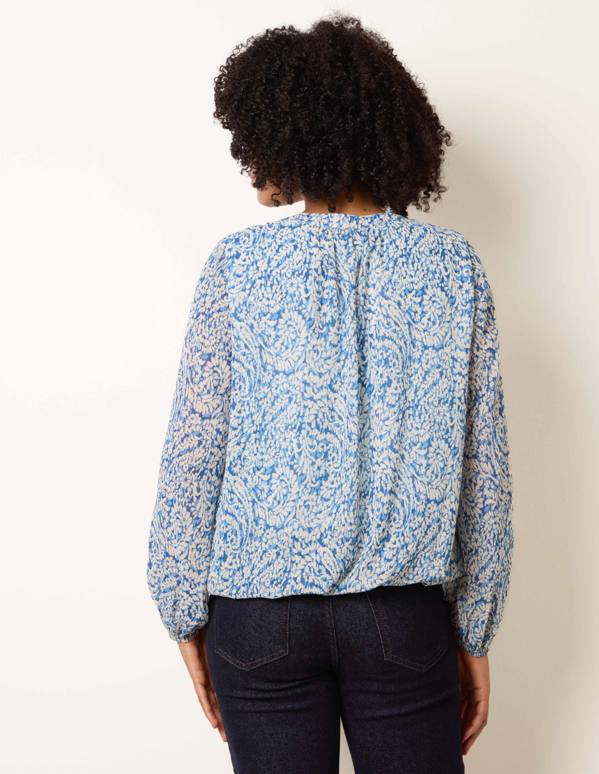 Grandad Tie Neck Puff Hem Watercolour Blouse