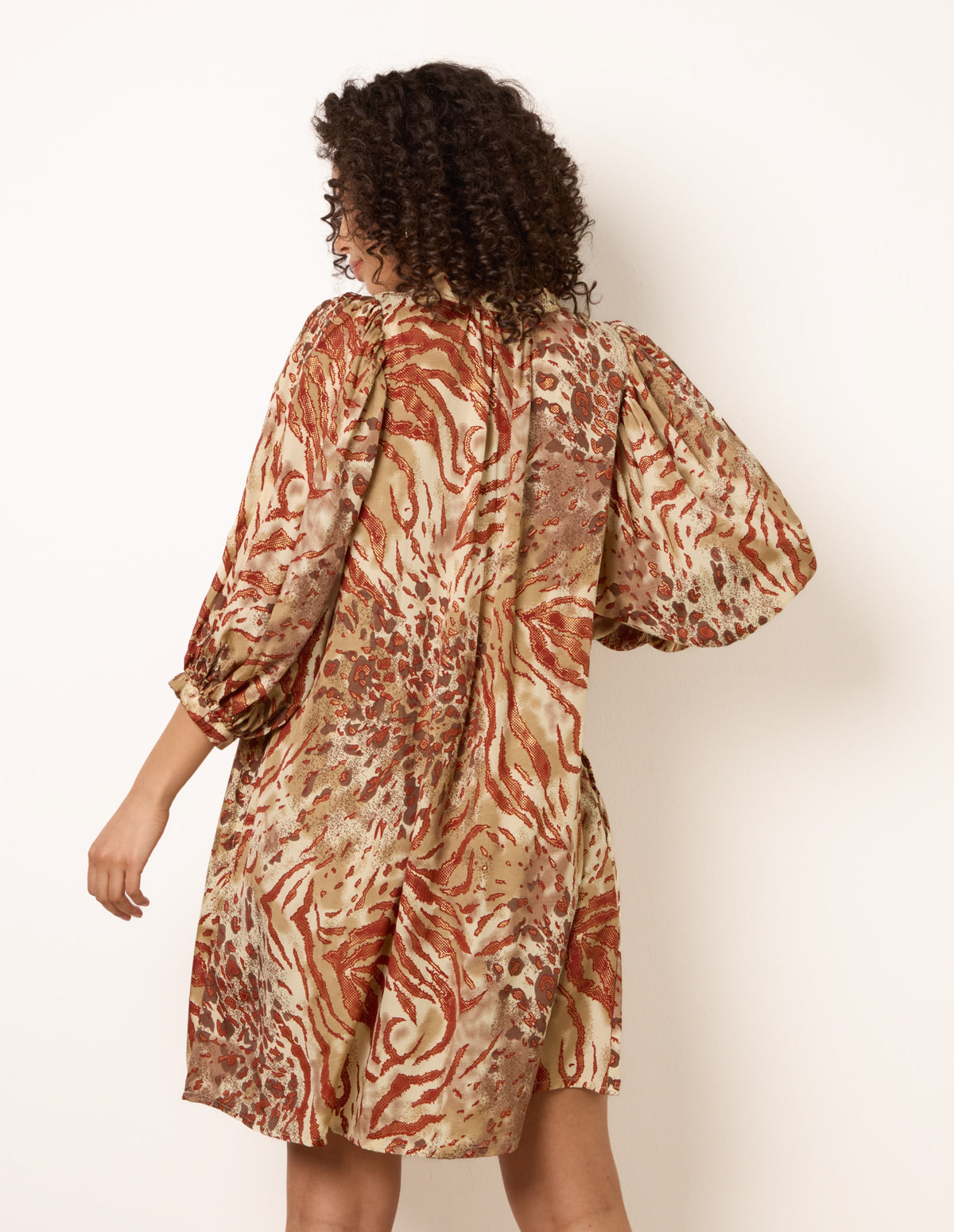 Puff Sleeve Metallic Animal Print Puff Sleeve Tunic Dress