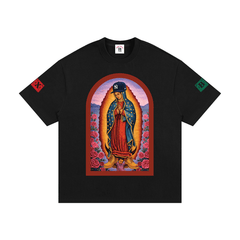 Black t-shirt with a colorful graphic of a religious figure and roses on a white background