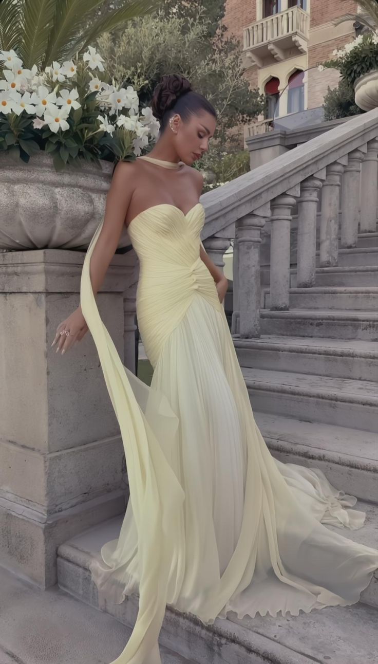 Sexy Mermaid Sweetheart Yellow Chiffon Sleeveless Formal With Scarf Prom Dresses N2306