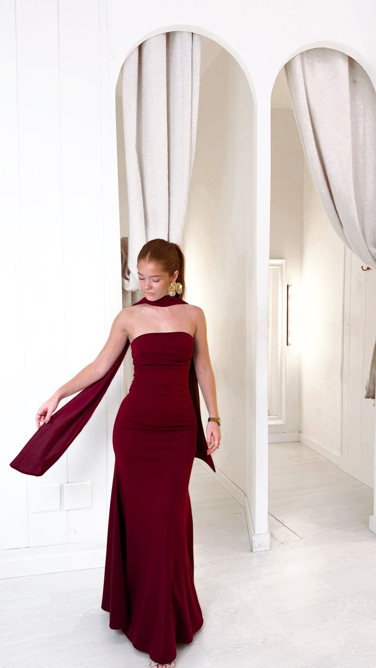 Women's Cocktail Party Gowns Mermaid Strapless Burgundy With Pleated Scarf Long Graduation Dinner Outfit Prom Dresses AB1899