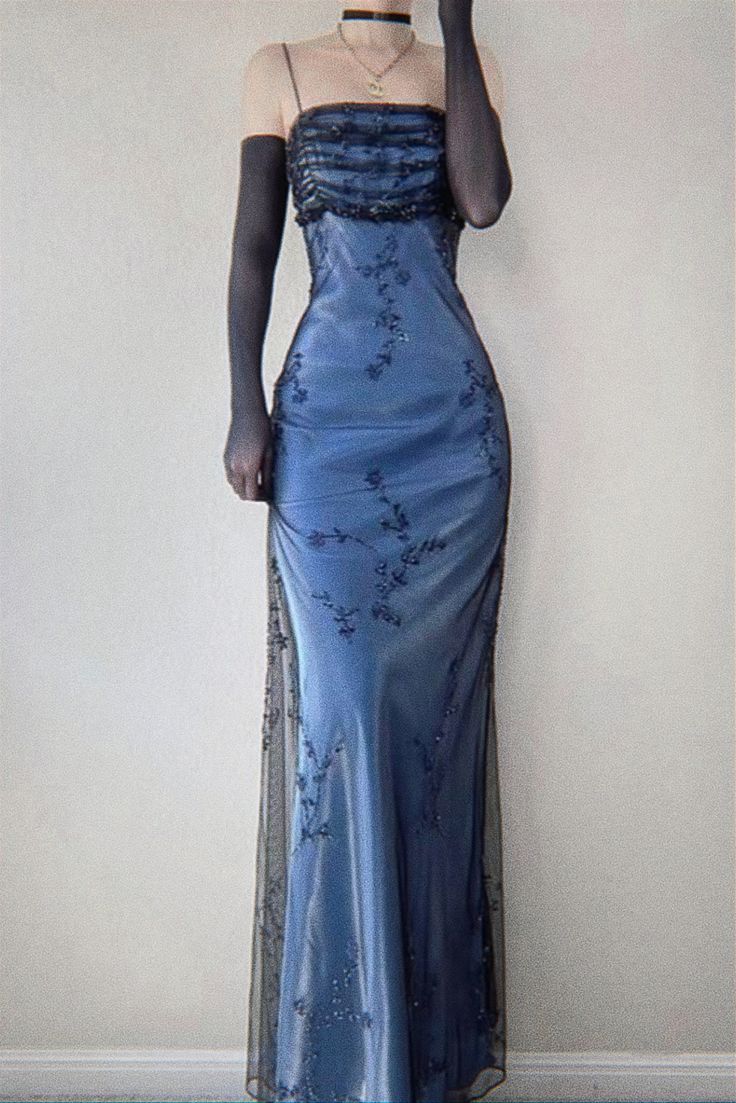 Blue/Grey Delicate Beaded Long Tulle Elegant A line Evening Dress Formal Birthday Party Dress Prom Dresses N1696