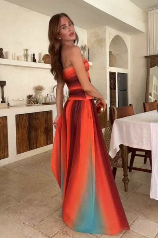 Women Tie Dye Maxi Dress Strapless Gradient Hollow Out Long Dress Summer Prom Dress N2349