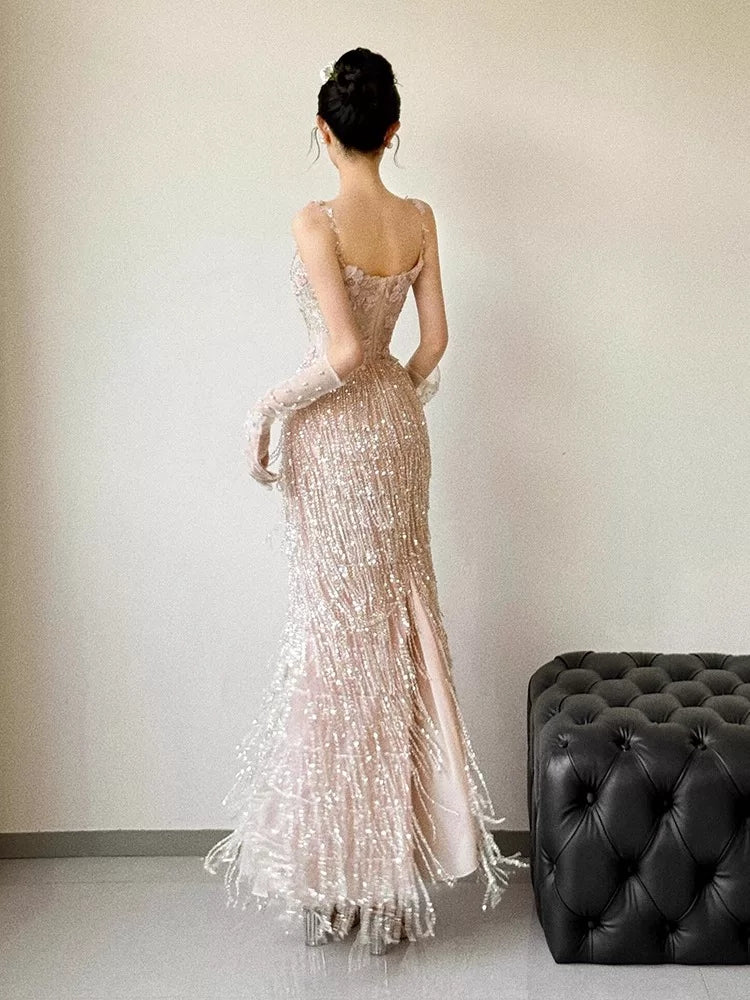 Glittery A line Spaghetti Strap With Tassels Beads Sleeveless Pink Prom Dresses Inspiration Long Night Outfits 18th Birthday Outfits AB2217