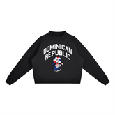 Black hoodie with Dominican Republic text and cartoon character holding flag