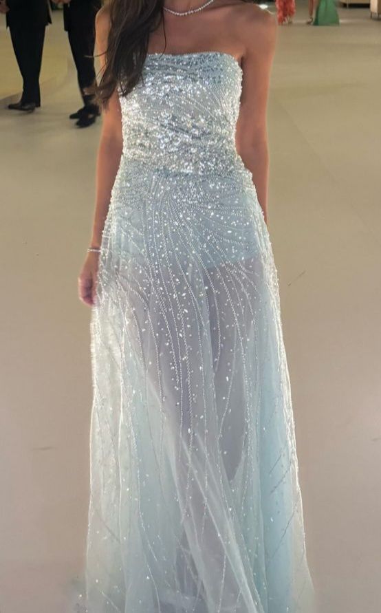 Sparkly A line Strapless Light Sky Blue Sequin Sleeveless Long Formal Dress Gown 21st Birthday Prom Dresses N2408
