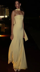 Classy Mermaid Strapless Slim Yellow With Scarf Long Formal Fancy Prom Evening Dresses Dinner Outfits Classy Party Gown AB2052