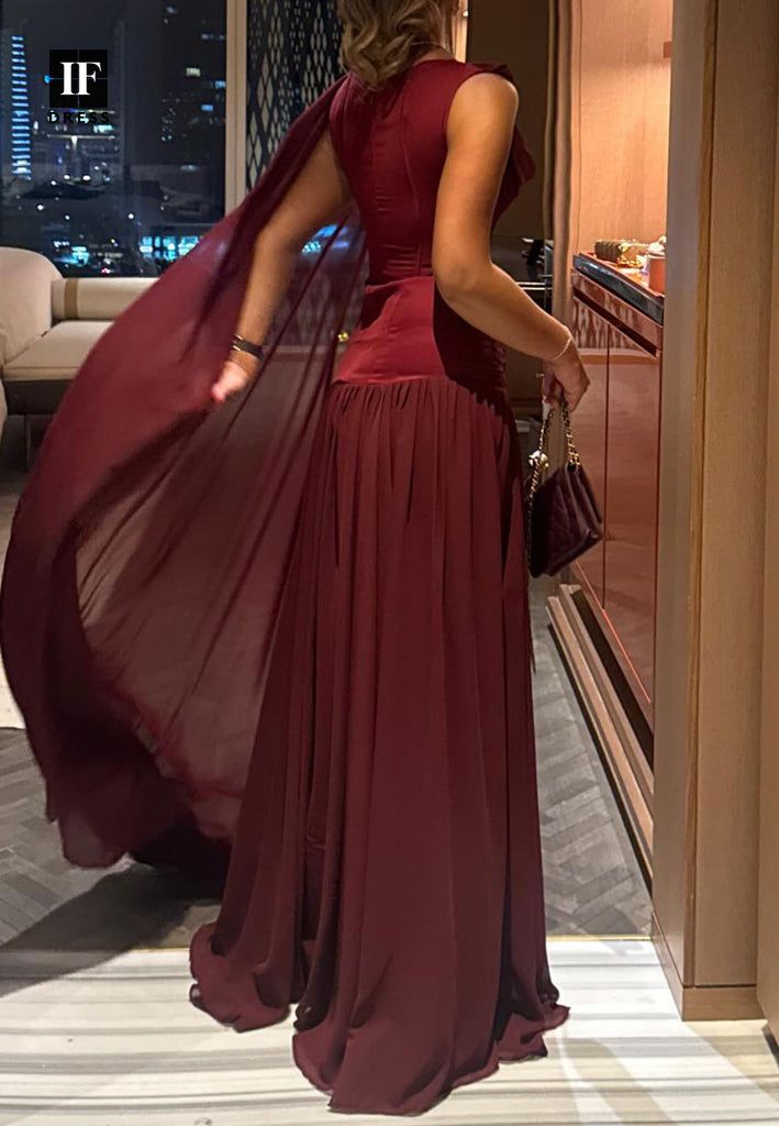 Scoop-Neck Off-Shoulder Sleeveless Pleated Chiffon Floor-Length A-Line Prom Dress N2354
