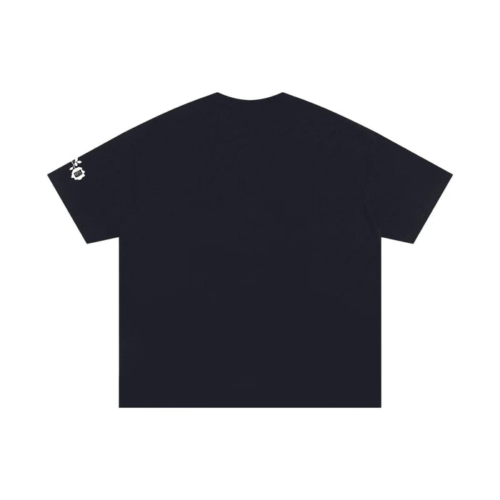 Black streetwear tee with small white floral graphic on sleeve, inspired by NYC urban style