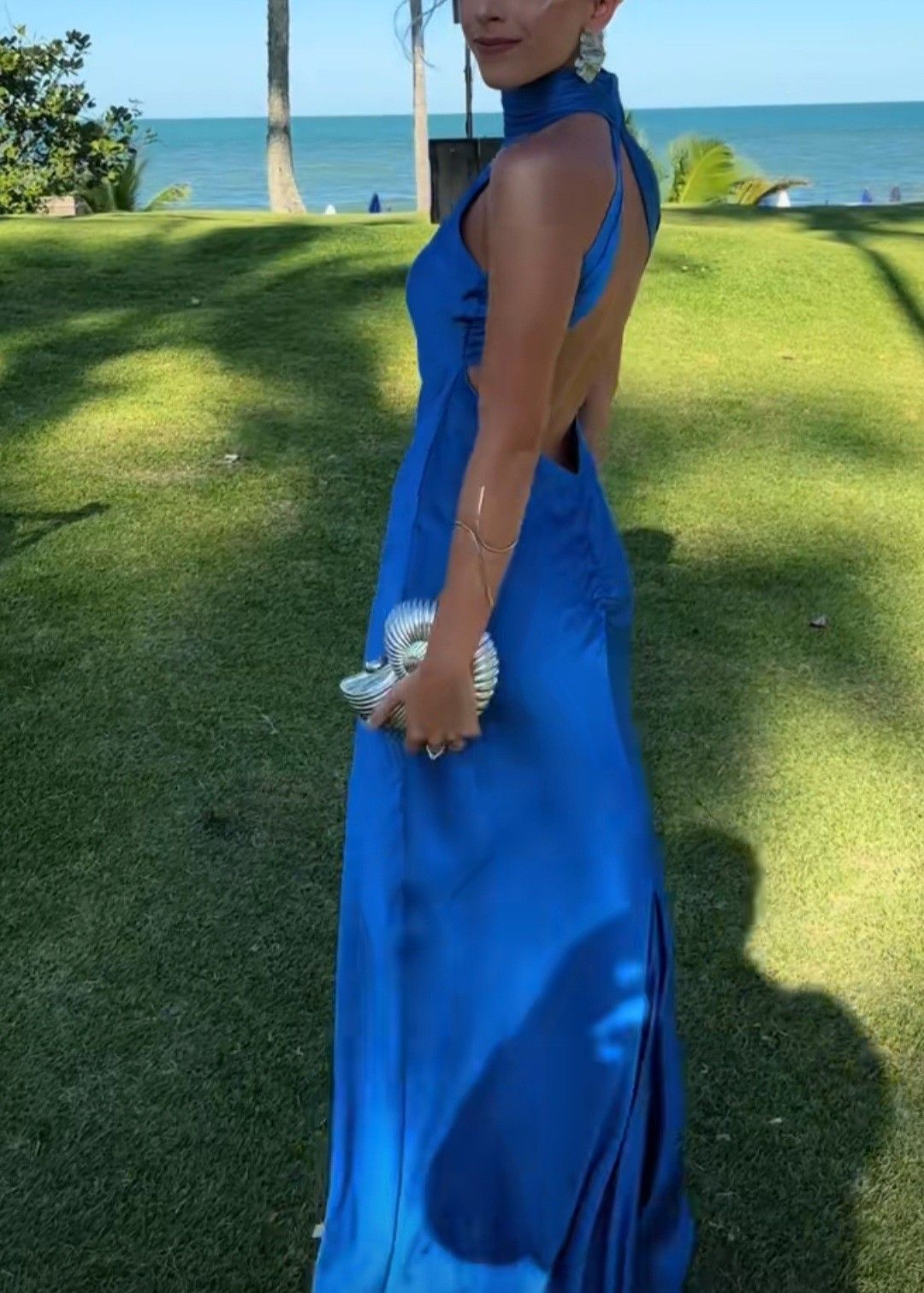 Simple Sheath High Neck Royal Blue Backless Satin Long Prom Formal Dresses N2494